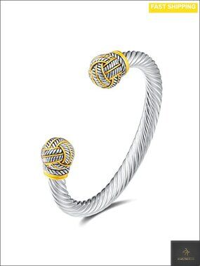 Two Tone Twisted Wire Open Cuff Bracelet Imitation Pearl Ends